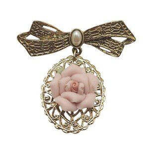 1928 Porcelain Rose Brooch Faux Pearl Dangle Ribbon Bow Gold Tone Lapel Pin